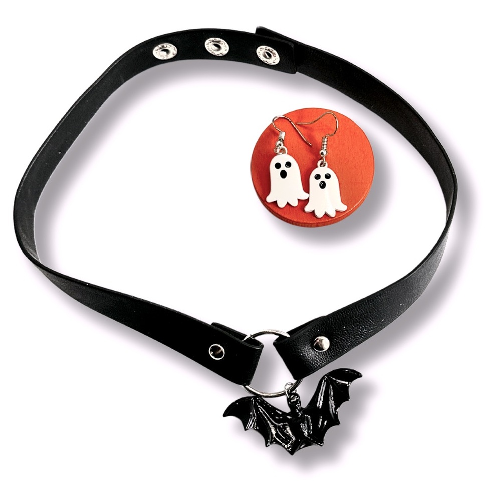 Halloween Fun Jewelry Black Faux Leather Choker Black Bat Charm & Ghost Earrings